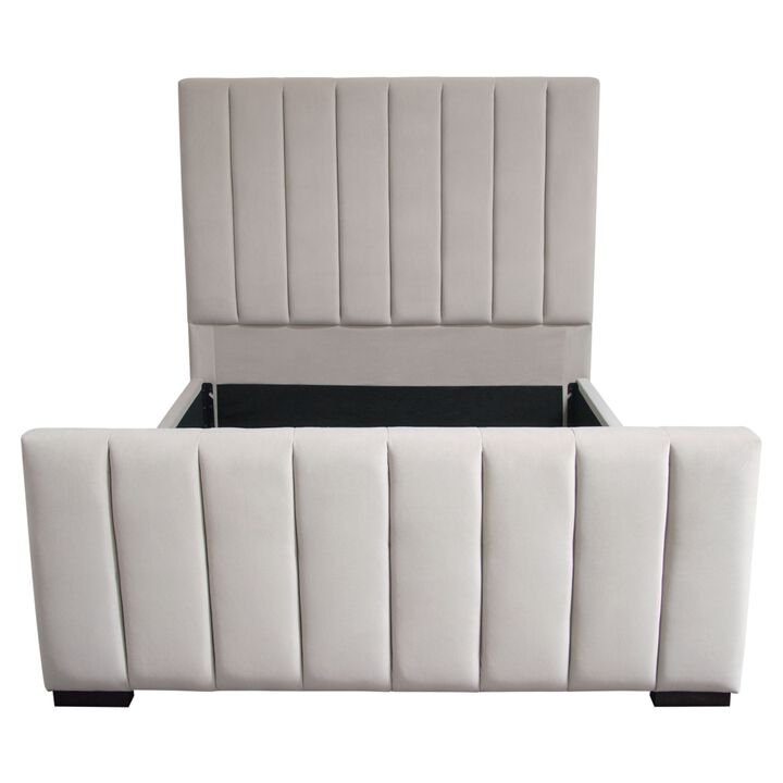 Eva Queen Bed, Vertical Channel Tufted Light Gray Velvet Upholstery
