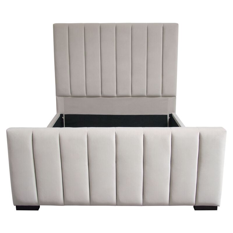 Eva Queen Bed, Vertical Channel Tufted Light Gray Velvet Upholstery