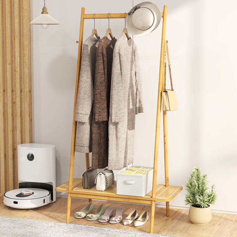 Wicker Storage Rack with Hanging Rod, Rattan Shelf, and Copper Hook Details