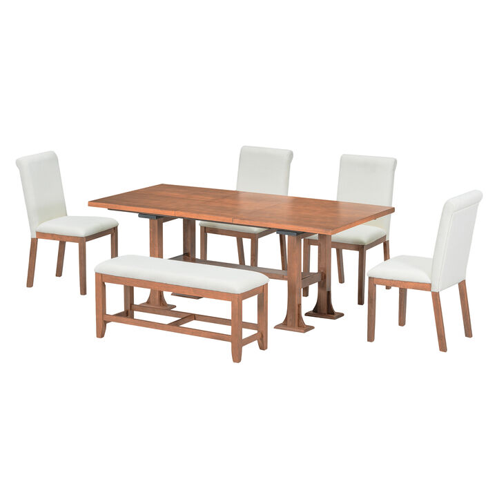 Merax Expandable Dining Table Set with 4 Cushioned Chairs & Sturdy Bench, Solid Wood Construction