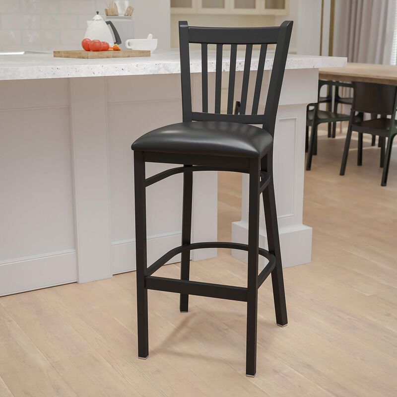 Flash Furniture HERCULES Series Black Vertical Back Metal Restaurant Barstool - Black Vinyl Seat