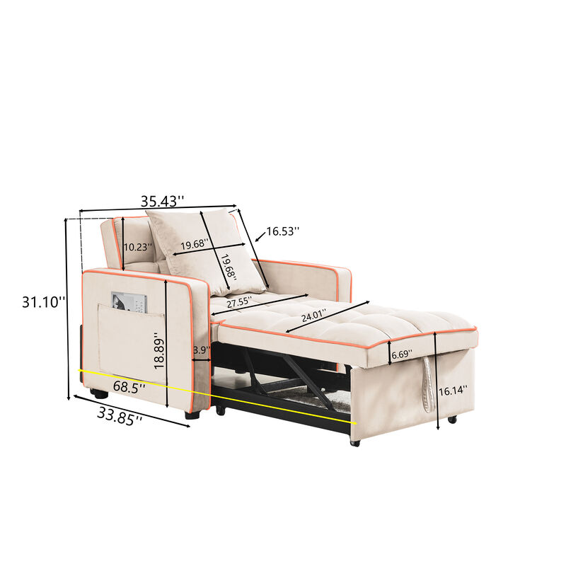 TATEUS Modern Black Three-in-One Sofa Bed Chair with Adjustable Recliner