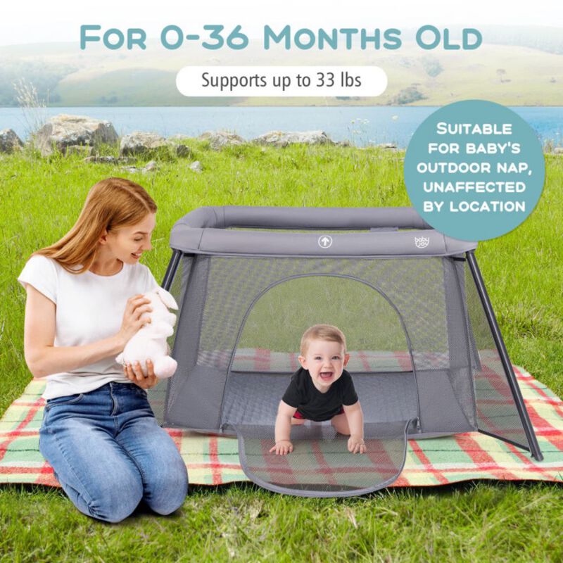 2-in-1 Portable Baby Playpen with Safety Enclosure and Padded Mattress-Dark Gray