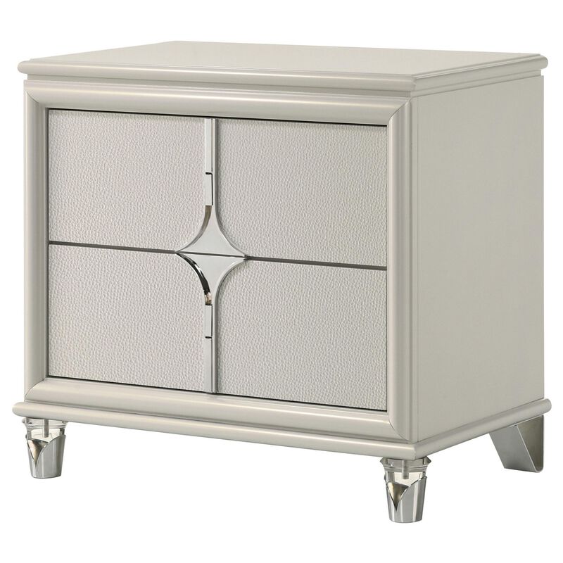 Ory Nightstand w 2 Drawers, Chrome Star Handle, Pearl Ivory Wood - Benzara