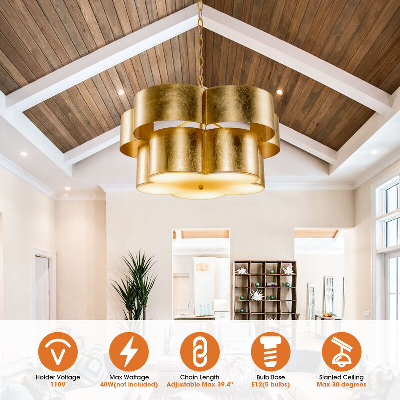 19.7 in. 5-Light 2-Tier Antique Gold Drum Flower Chandelier