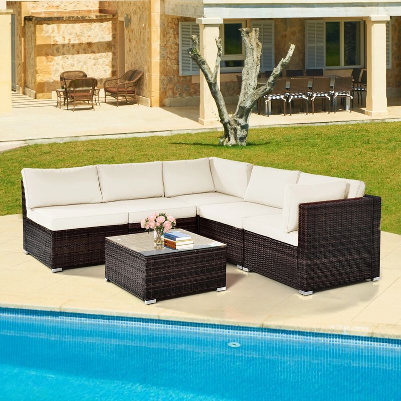 Mondawe Modular 7-Pcs Design PE Rattan Sofa Set,With 50K BTU Fire Pit & Detachable Cushions Chair