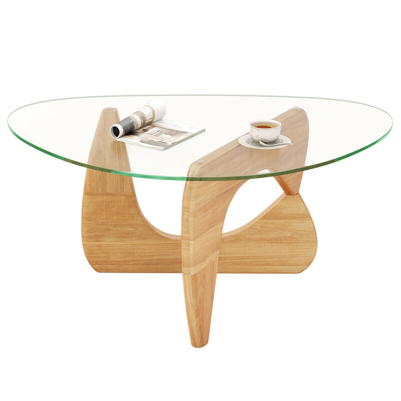 Triangle Coffee Table with Tempered Glass Top and Adjustable Rubber Wood Base