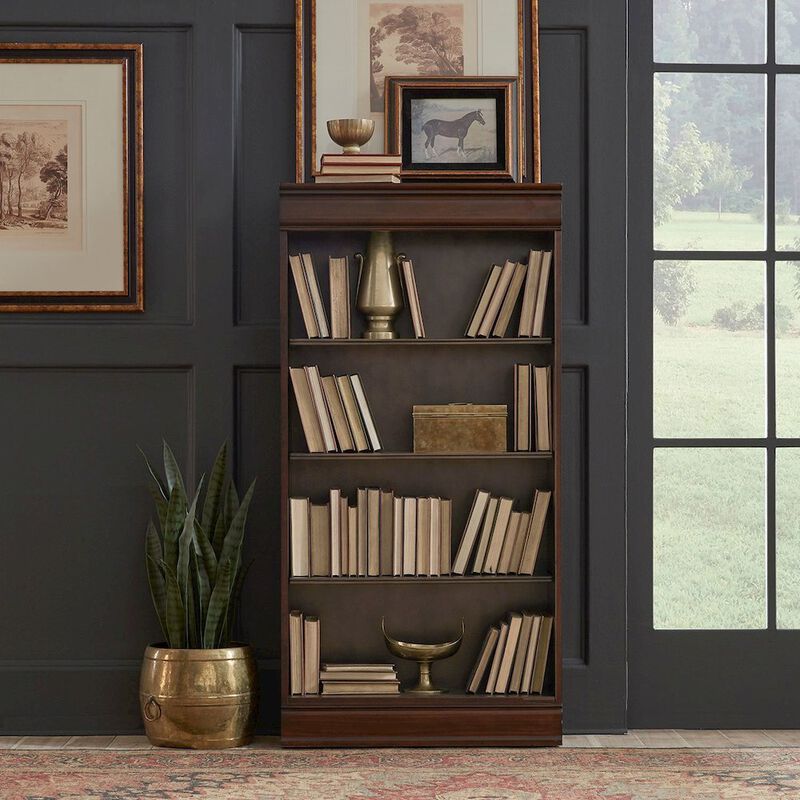 Liberty Furniture Stepped Bookcase Wall Home Office 4 PcSet Adjustable Shelves - Cognac Wood Frame image number 3