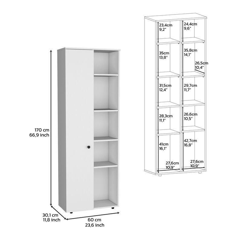 Kitchen Storage Cabinet 67" H, One Door, Five Interior Shelves and Five Exterior Storage Shelves, White/Black
