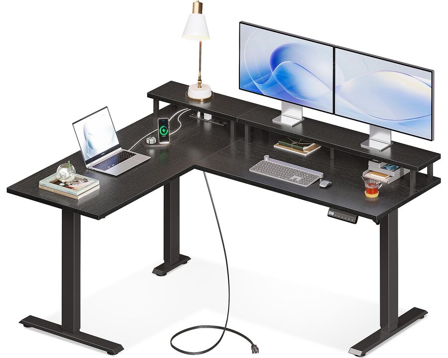 AODK Electric L Shaped Standing Desk with Monitor Stand, 59 Inch Height Adjustable Corner Desk with Power Outlets, Large Sit Sta
