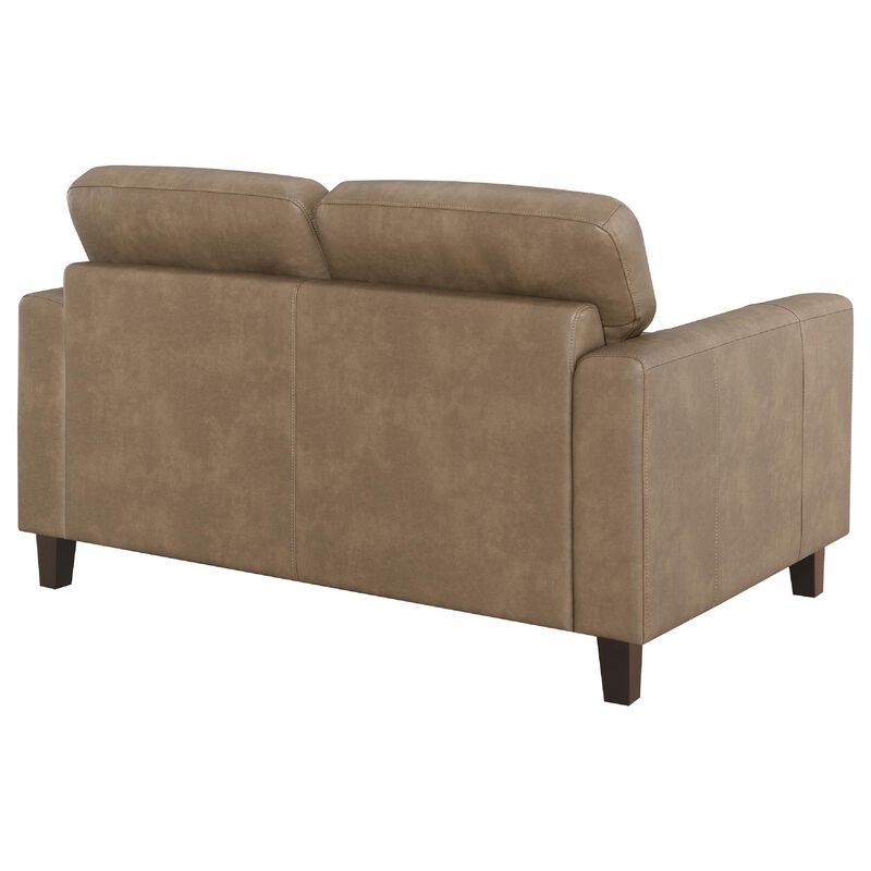 Secy Loveseat, Brown Faux Leather, Track Arms, 58 Inch Pine Wood Frame image number 6