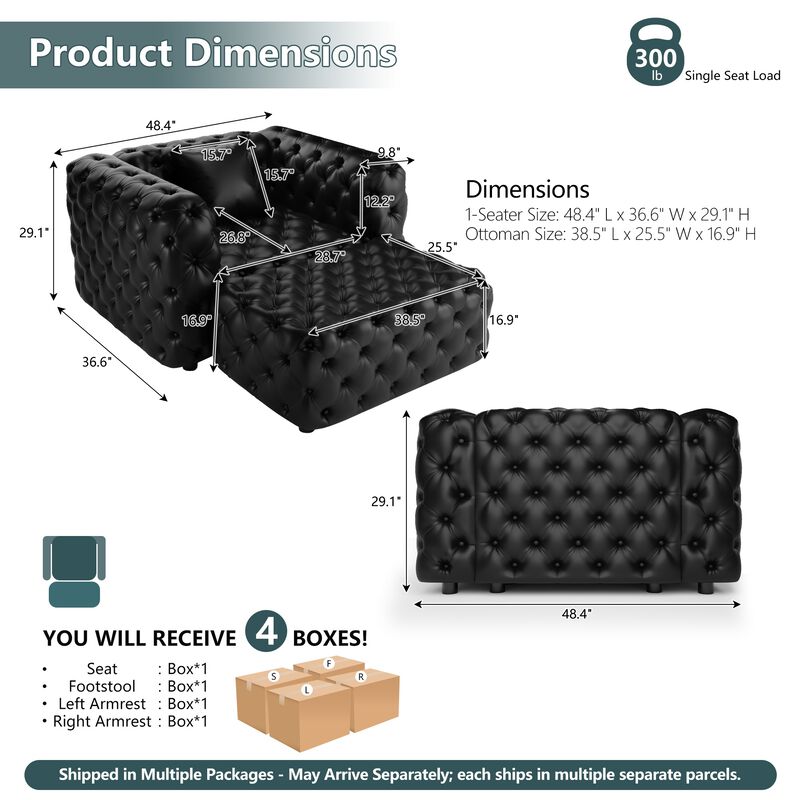 Whisen 48.4" Living Rooms Set, Modern Modular Sofa with 1 Ottoman, Faux Leather Upholstered image number 9