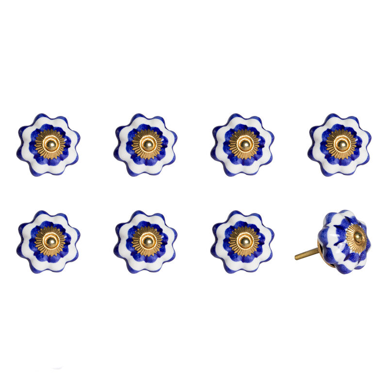 HomeRoots Set of Eight Blue And White Ceramic And Metal Drawer Pull Knobs image number 3