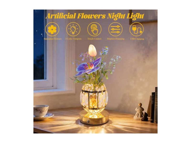 Rechargeable Cordless Dimmable Crystal Flower Table Lamp For Bedroom Purple image number 1