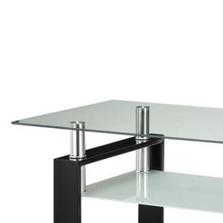 Glass Top Coffee Table with Metal Base and 1 Bottom Shelf, Clear and Black-Benzara