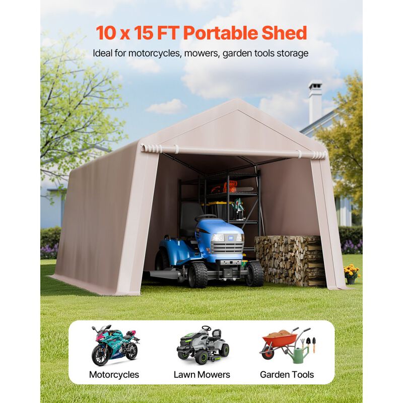 Heavy Duty Outdoor Storage Tent with Roll-Up Door, Waterproof Garage Shelter for Patio & Garden-Beige image number 4