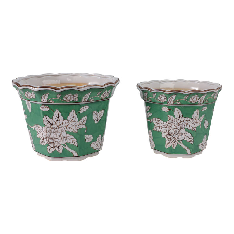 S/2 10/12  Flower Chinoiserie Planters,green image number 2