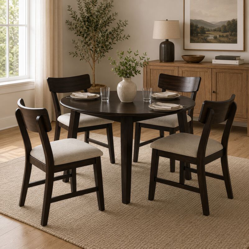 Caty 5pc Round Dining Table Set with 4 Chairs, 2 Drop Leaves, Brown image number 8