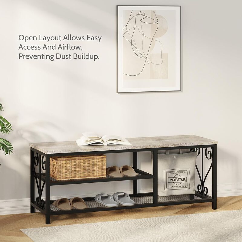 Shoe Bench with Shoe Rack, 47.2" L Entryway Bench with Seating, 2-Tier Shoe Organizer with Rustic Wood Top & Metal Frame for Entryway image number 6