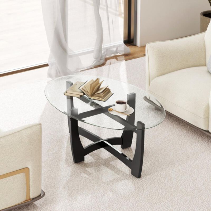 Hivvago Oval Coffee Table with Tempered Glass Tabletop and Rubber Wood Legs