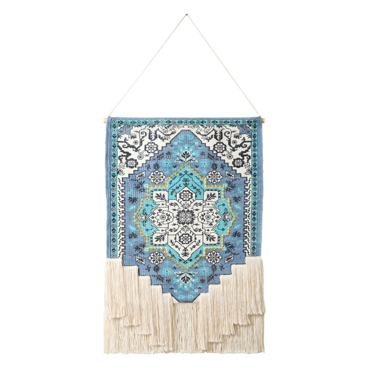HomeRoots 26" X 45" Blue Aqua And Ivory Flower Floral Cotton Macrame Hanging Tapestry