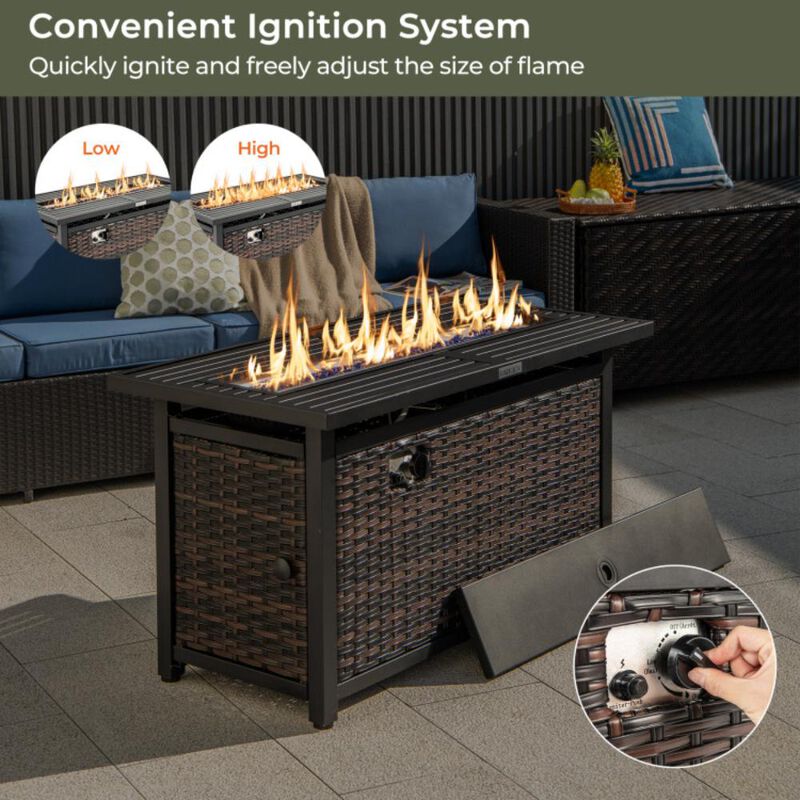Hivvago 45 Inch Propane Rattan Firepit Table with Glass Stones and Protective Cover-Mixed Brown image number 2