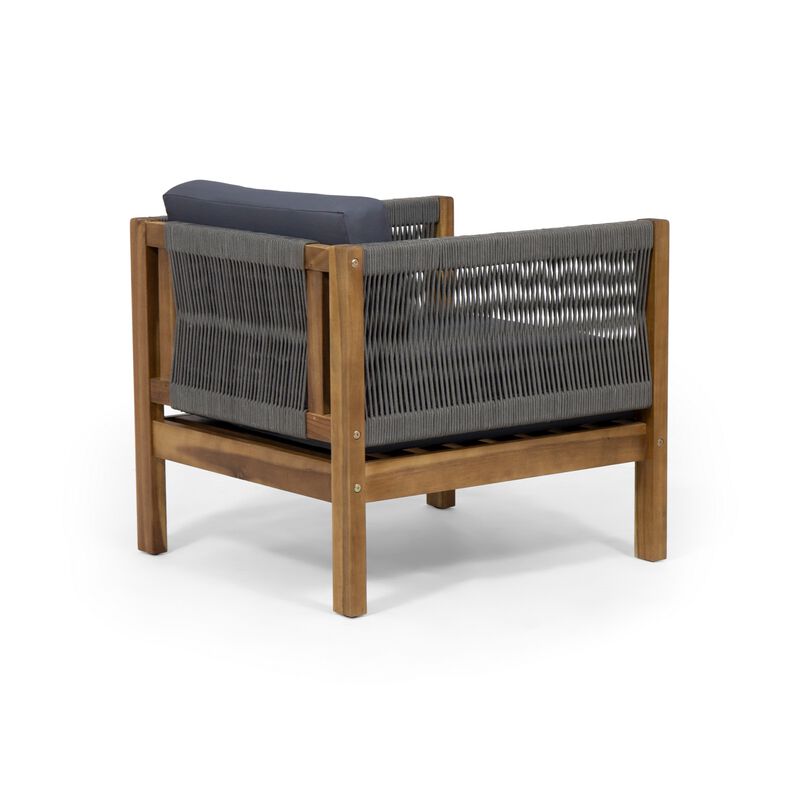 Club Lounge Chair, Woven Rattan Rope, Brown Acacia Wood, Gray Fabric - Benzara