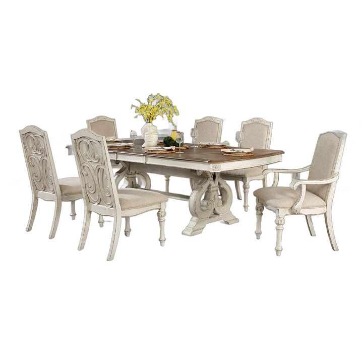 Arca 7pc Dining Table Set with Fabric Chairs, Antique White Solid Wood - Benzara