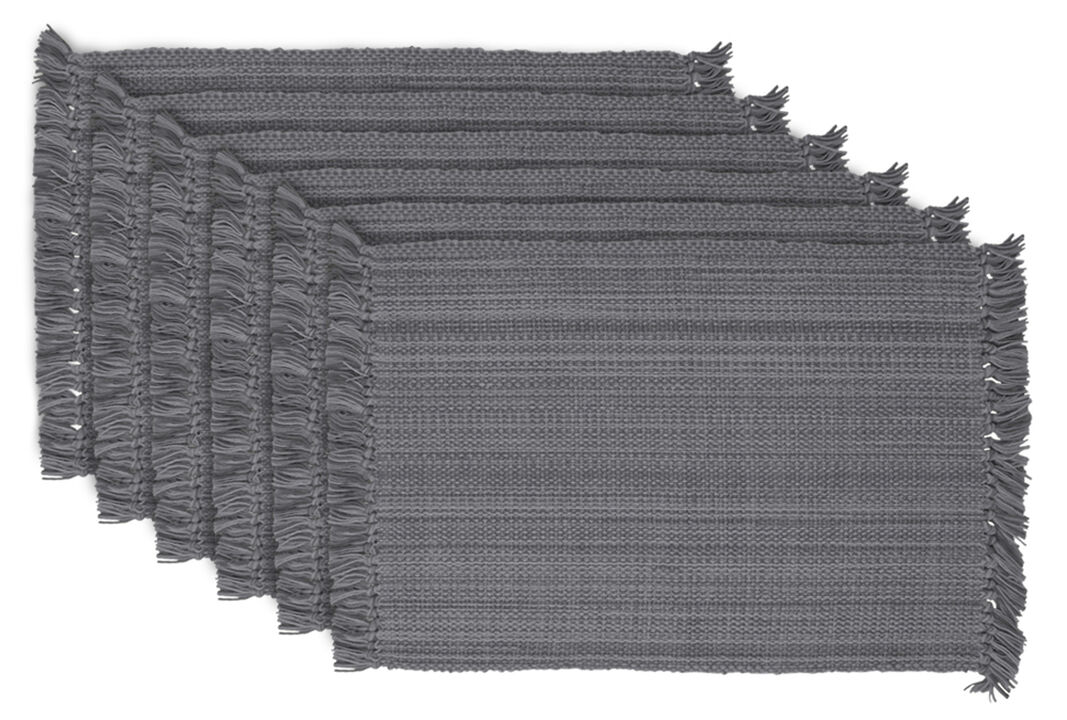 Set of 6 Gray Striped Fringe Border Indoor Place-Mat 19" x 13"