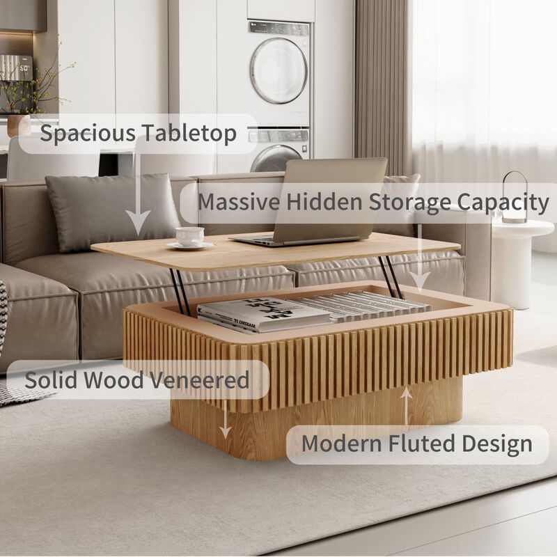 Rectangular lift top coffee table Coffee table with hidden storage and soft close Fluted MDF and solid wood veneer coffee table image number 5