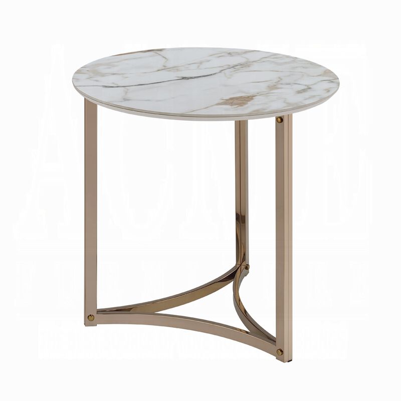 Acor Side End Table, 24 Inch, Round Sintered Stone Top, White and Gold image number 0