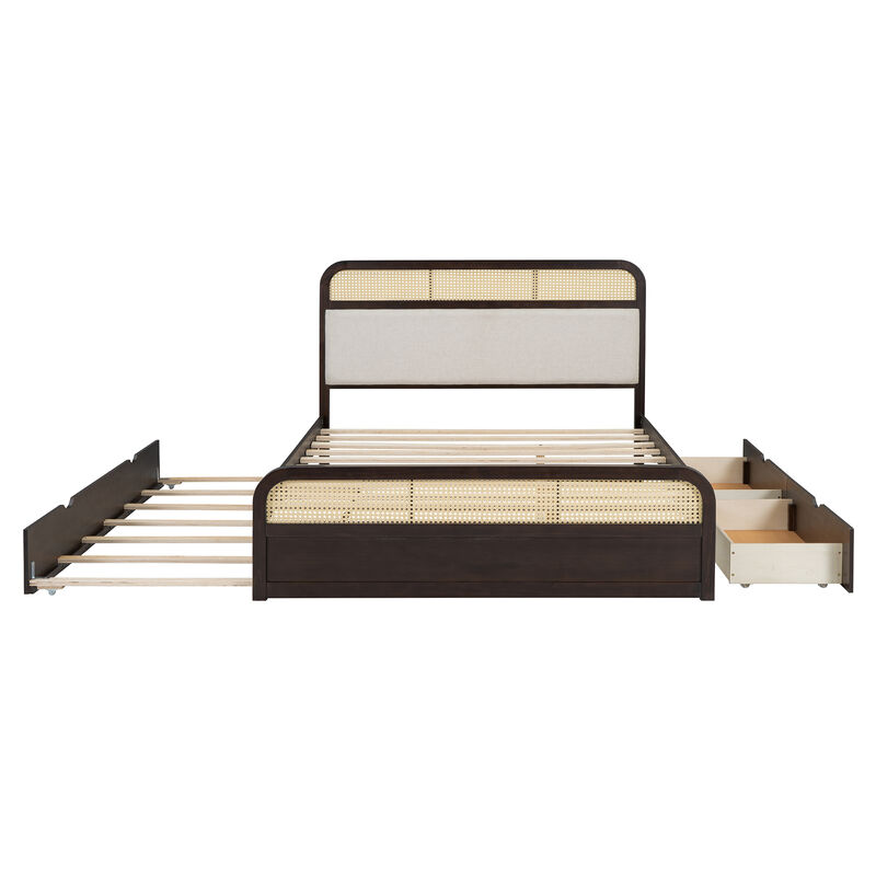 Whisen Queen Size Wooden Platform Bed with Trundle and 2 Drawers - Espresso