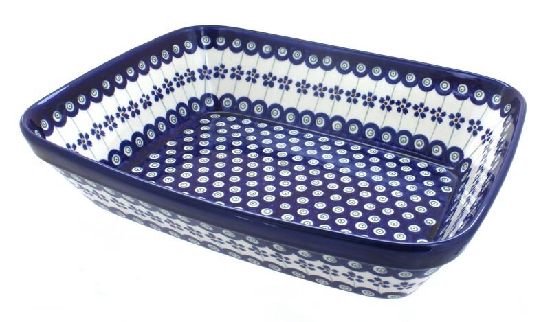 Blue Rose Polish Pottery Flowering Peacock Large Deep Baker