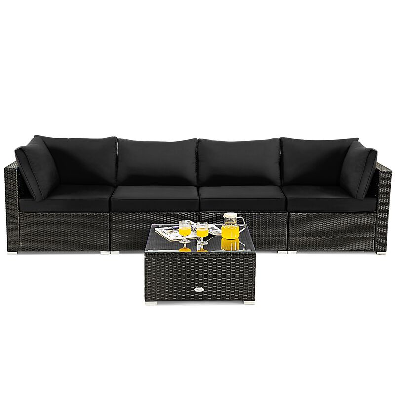 5 Pieces Cushioned Patio Rattan Furniture Set with Glass Table