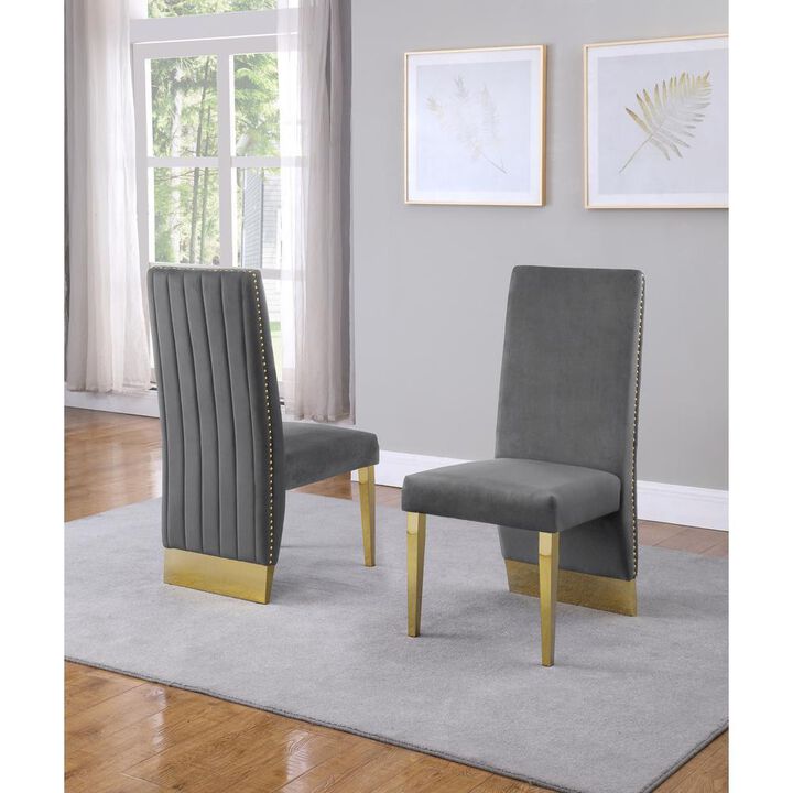 Set of 2 Dark Grey Velvet Tufted Side Chairs with Gold Legs and Nailhead Trim