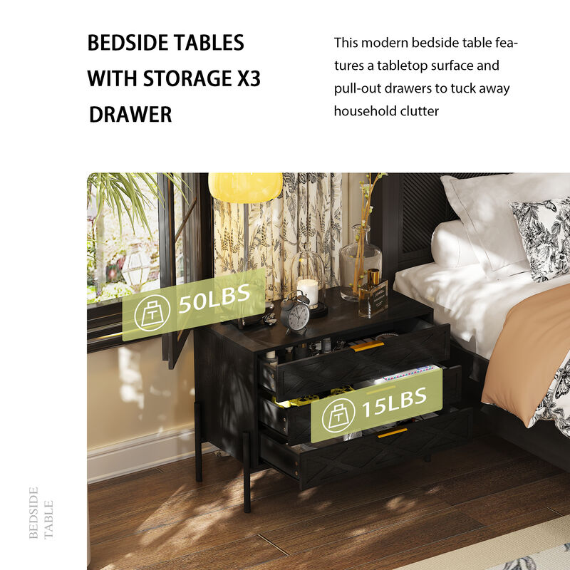 FUFU&GAGA Black 3-Drawer Nightstands with Gold Handles and Metal Legs, P2 Particleboard, (31.5" W x 23.6" H x 15.4" D), Black