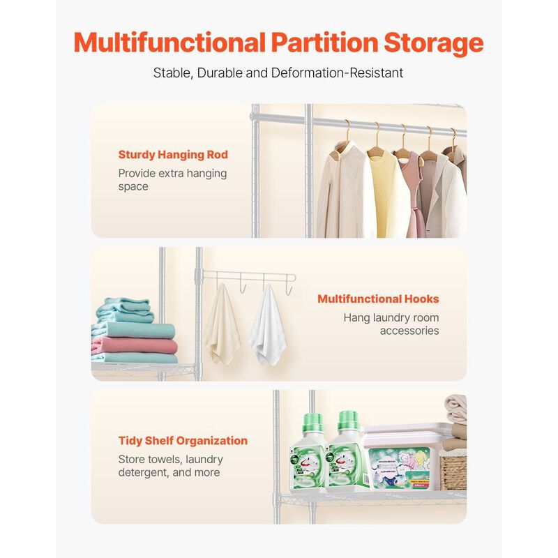 Laundry Room Storage Rack Over Washer Dryer with Hanging Rod and Hooks image number 5