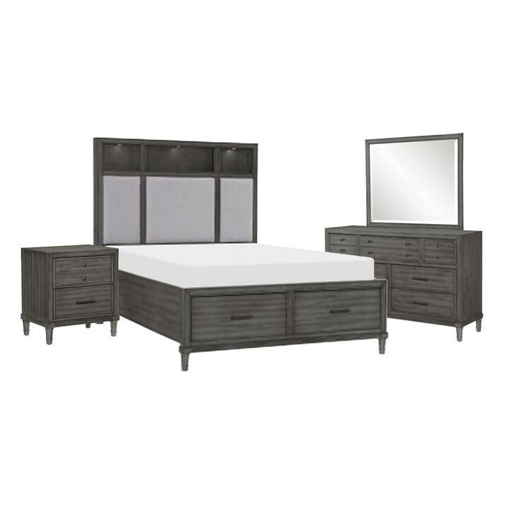 Celia 4 Pc Queen Size Storage Bedroom Set, LED-Lit, USB Ports, Warm Gray
