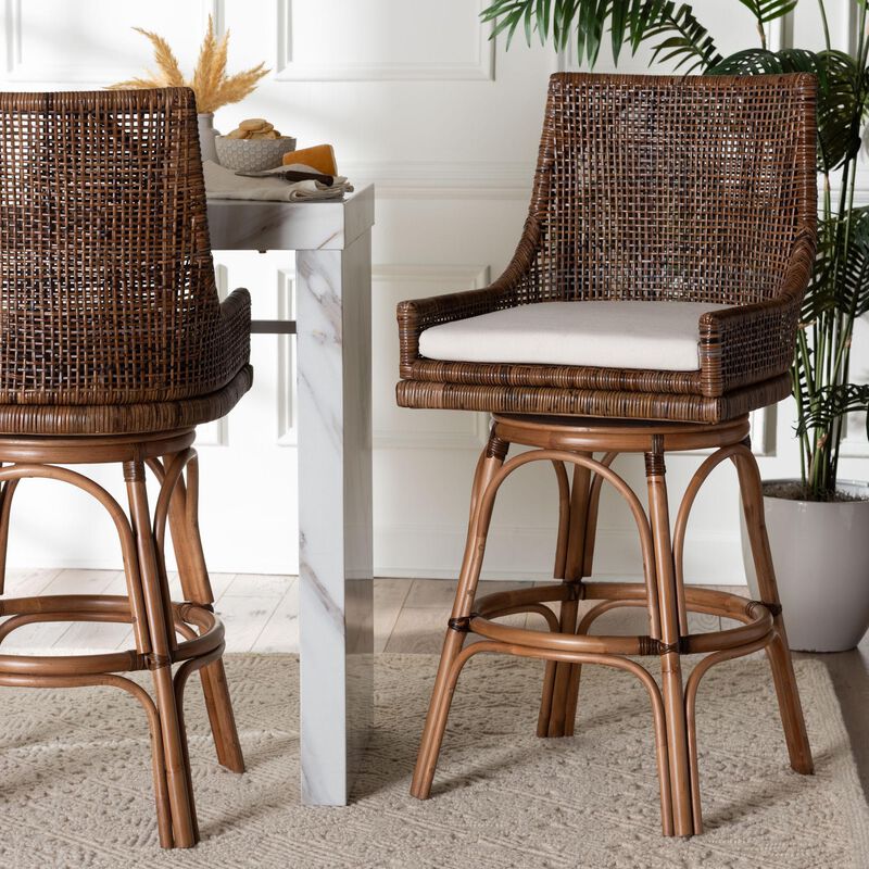 bali & pari Bella Swivel Rattan Bar Stool with Cushion - Handwoven Wicker Bar Chair with Backrest and Footrest, Coffee Bean image number 7