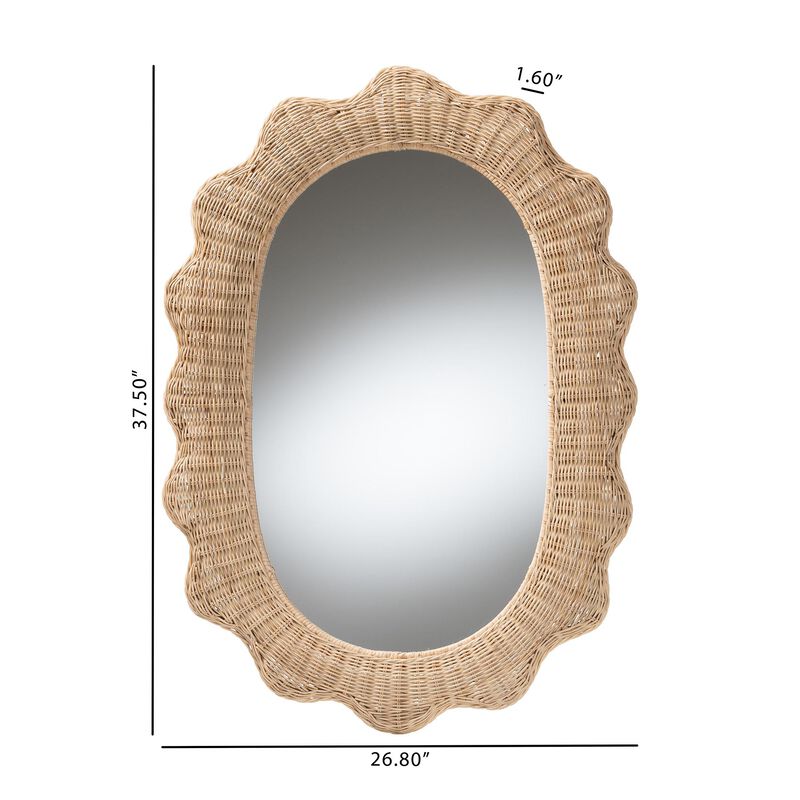 bali & pari Makoto Scalloped Natural Rattan Wall Mirror - Handwoven Wicker Oval Frame, Boho Coastal Accent Wall Decor for Entryway, Bedroom, or Living Room