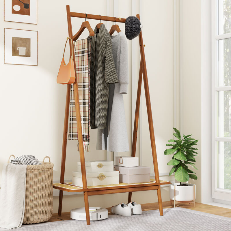 Wicker Storage Rack with Hanging Rod, Rattan Shelf, and Copper Hook Details
