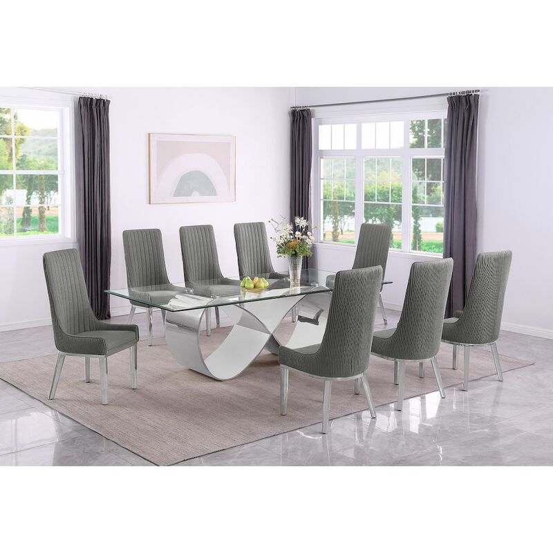 Best Quality Furniture 9Pc Tempered Glass Dining Set 8 Rich Gray Boucle Side Chairs And Silver Base