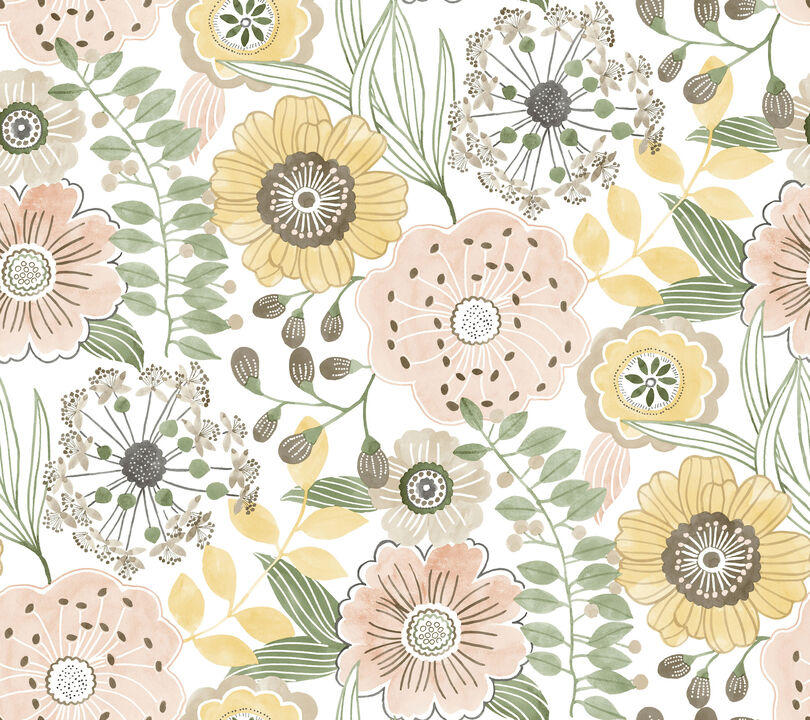 Artistic Bouquet Coral & Lemon Wallpaper