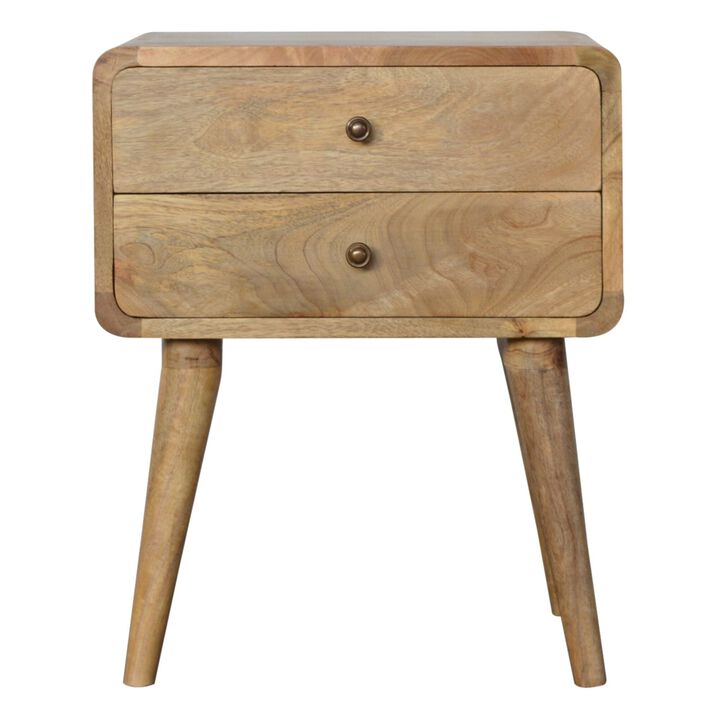 Solid Wood 2 Drawer Curved Oak-ish Nightstand