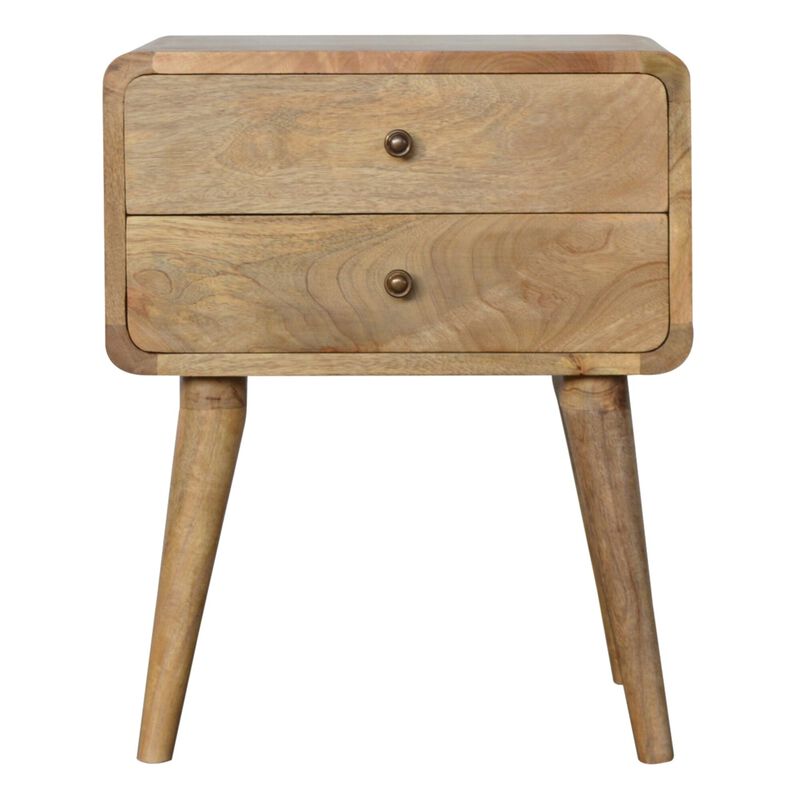 Solid Wood 2 Drawer Curved Oak-ish Nightstand