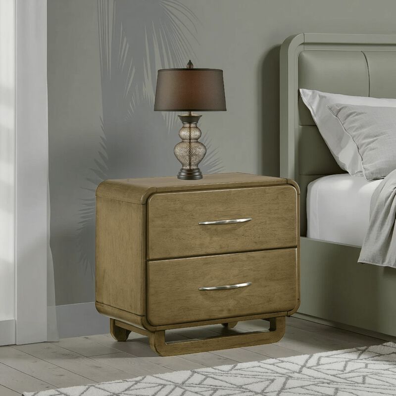 Deon Nightstand, 2 Drawers w Nickel Handles, Sled Legs, Nutmeg Brown - Benzara