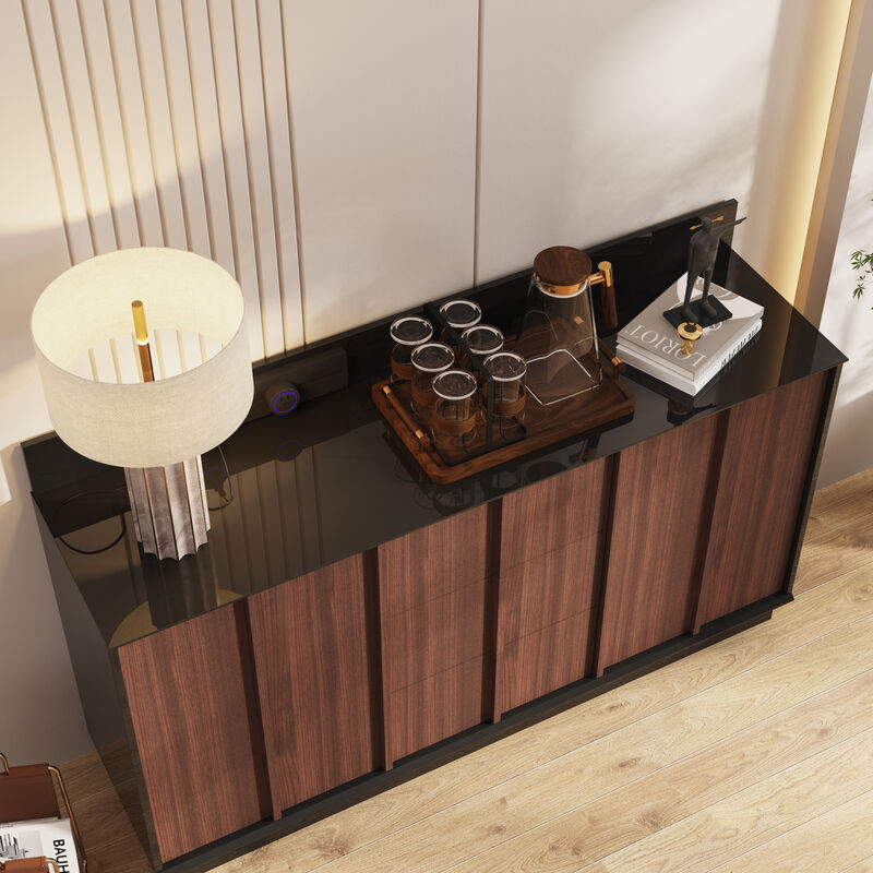 FUFU&GAGA High‑Gloss Black and Brown Wood Grain Cabinet with Sliding Power Socket Vertical Strip Accents 59.1''L x 15.4''W x 36''H