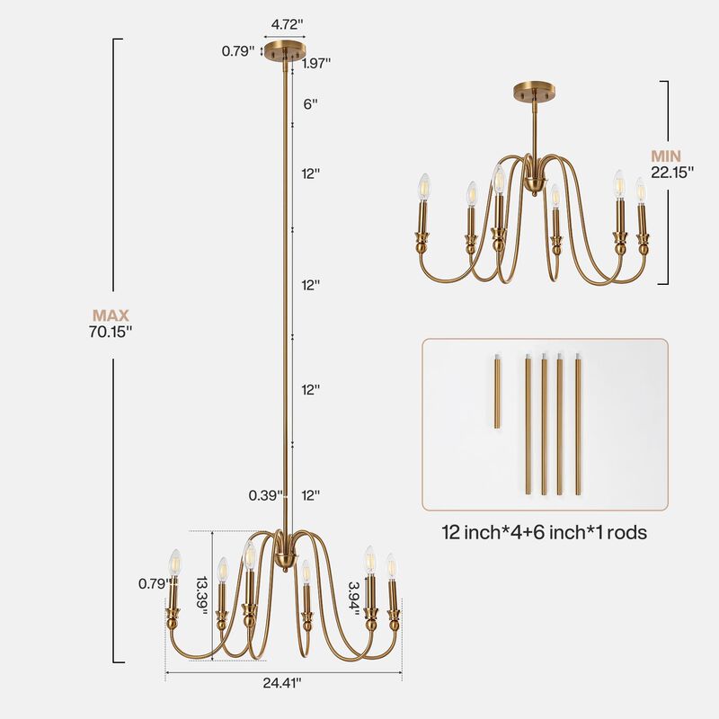 Gold Six-Light Candle Chandelier with U-Shaped Arms, Adjustable image number 2