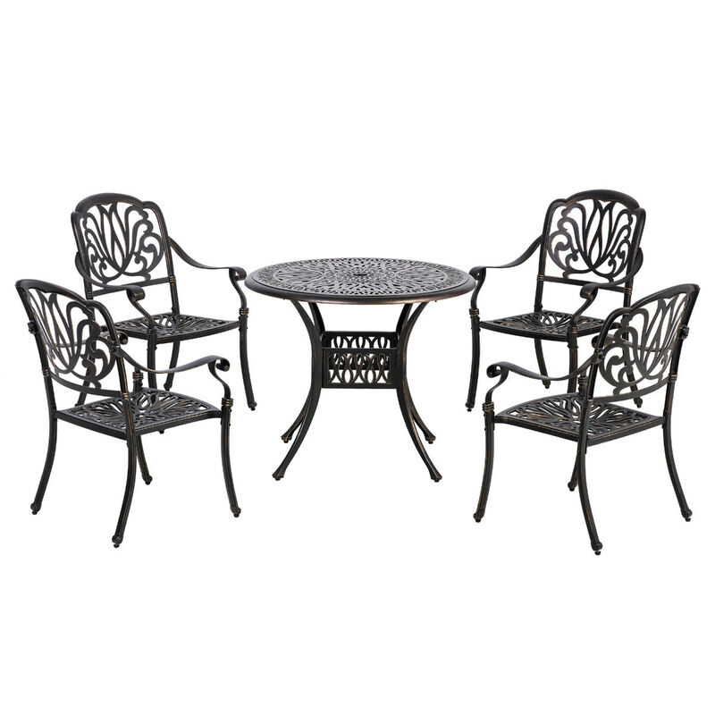 5-Piece Patio Dining Set for 4, Cast Aluminum Outdoor Furniture Set with 4 Stackable Armchairs & Î¦35.5" Round Table, Intricate Scrollwork