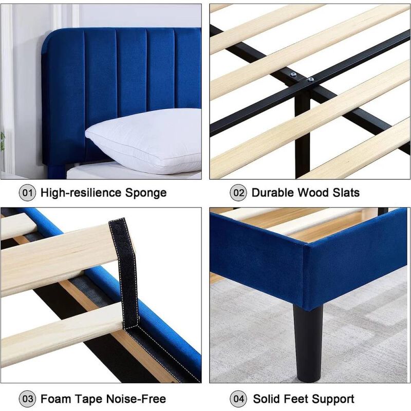Hivvago Full size Blue Upholstered Platform Bed Frame with Headboard